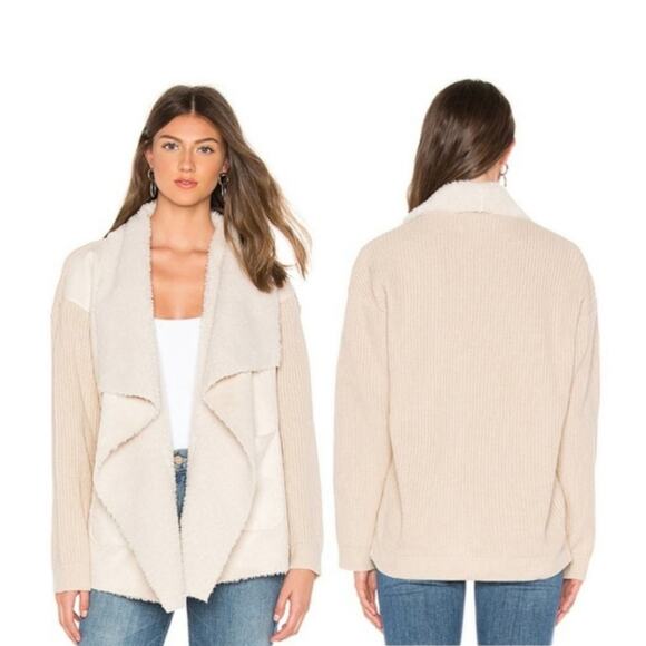 John + Jenn Sienna Faux Shearling Fur Open Cardigan Jacket Knit Tan Faux Suede L - Picture 1 of 15